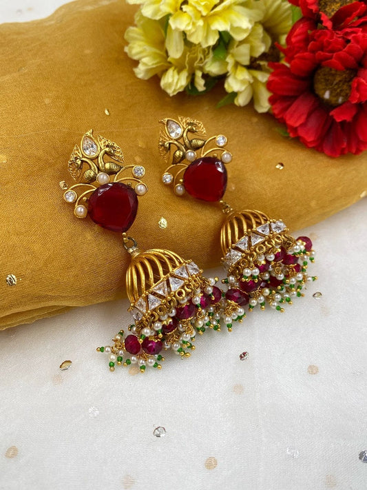 Mansiyaorange Tarditional Red Colored Meena Pearl AD Kundan Stone Long  Jhumki Golden Earrings For Women